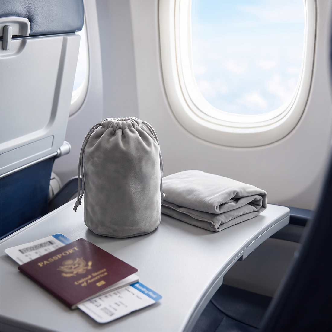 Skynap packs into a palm-size pouch on the tray table