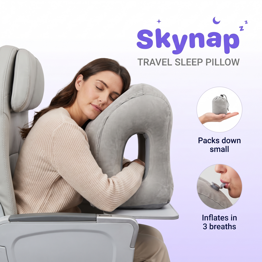 Skynap travel sleep pillow in use, packs down small, inflates in 3 breaths